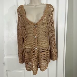 Jones New York Open Knit Cardigan Sweater Button Front Tan Neutral L/XL Boho